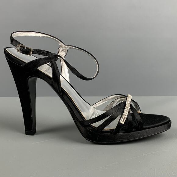 ESCADA Size 9 Black Silver Silk Rhinestones Ankle Strap Sandals - Picture 2 of 10